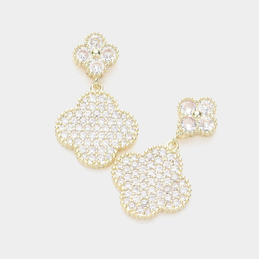 2 Pairs Women's 14K Gold Plated Clear CZ Paved Quatrefoil Link Dangle Earrings