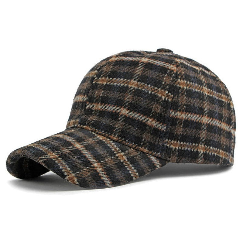 Men's Plaid Wool Blend Baseball Cap Winter Warm Adjustable Strap Hat Grey Tan