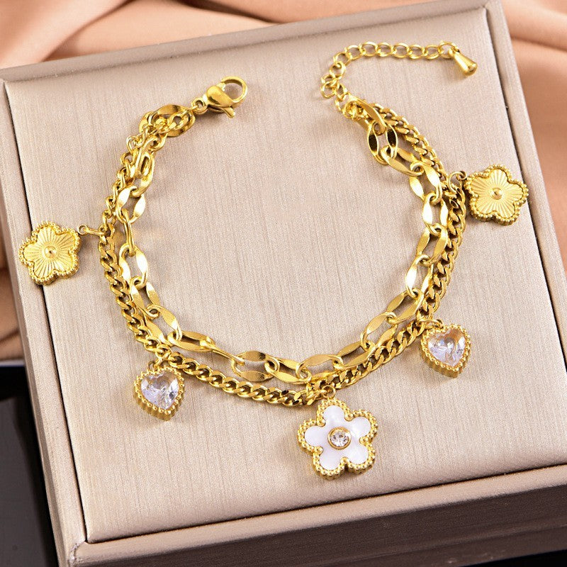 Yellow Gold Plated Double Layered Chain Charm Bracelet with Flowers & Hearts