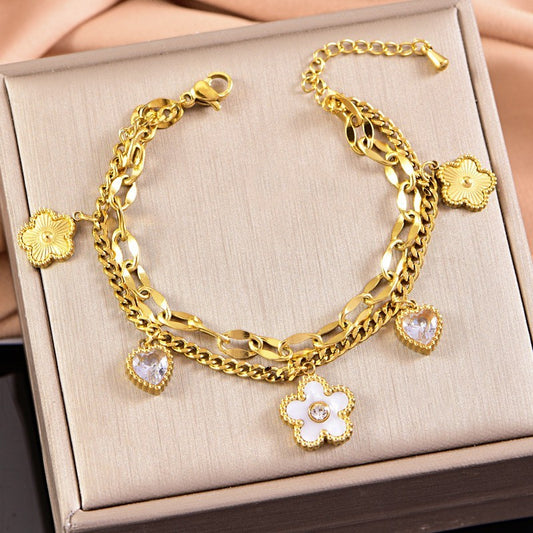 Yellow Gold Plated Double Layered Chain Charm Bracelet with Flowers & Hearts