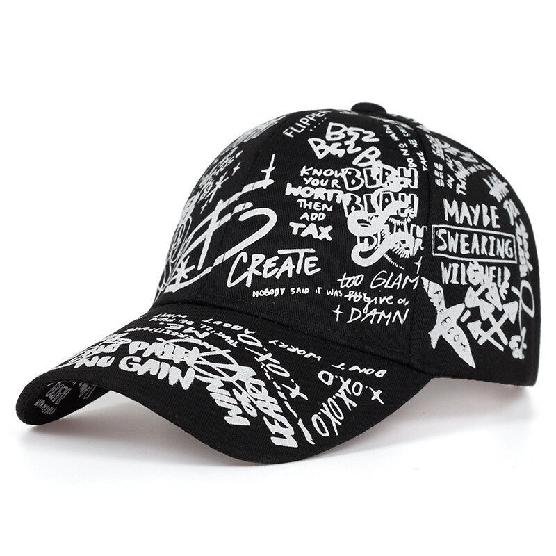 Urban Streetwear Graffiti Script Baseball Cap Adjustable Black White Hat