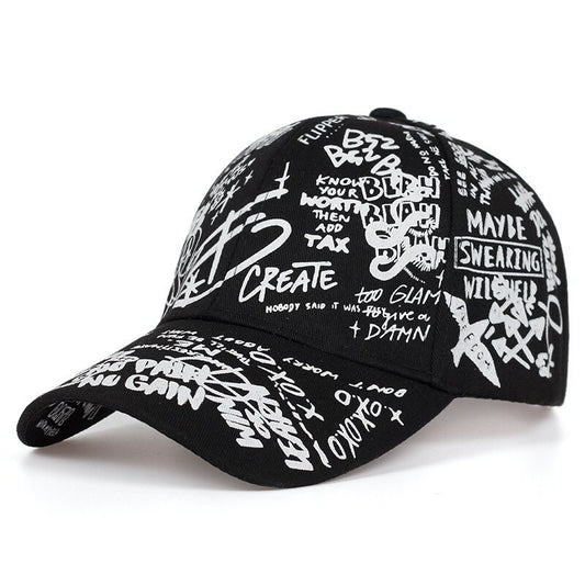 Urban Streetwear Graffiti Script Baseball Cap Adjustable Black White Hat