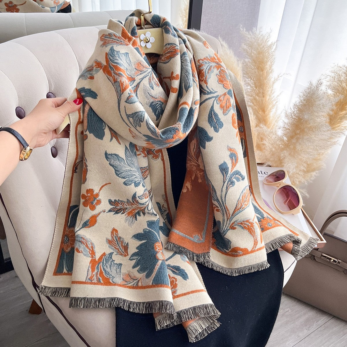 Warm Floral Shawl Wrap Scarf Cashmere Feel Oversized Stole Winter Gift