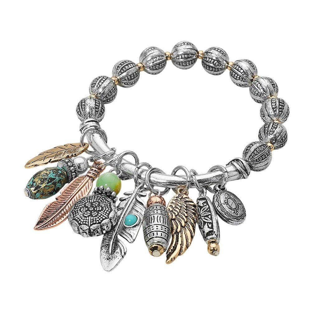 Boho Antique Silver Multi-Charm Feather Wing Beaded Stretch Statement Necklace