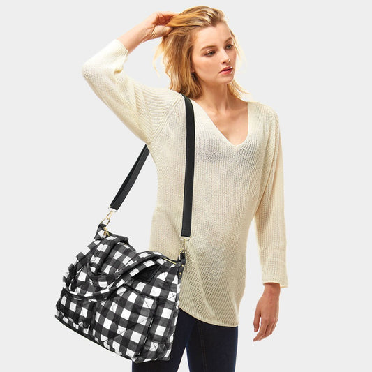 Buffalo Check Puffer Tote Bag Women’s Large Quilted Shoulder Handbag for Ladies