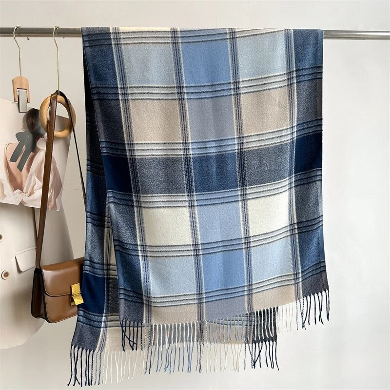 Blue Plaid Scarf Imitation Cashmere Soft Winter Shawl Wrap 77" x 26"