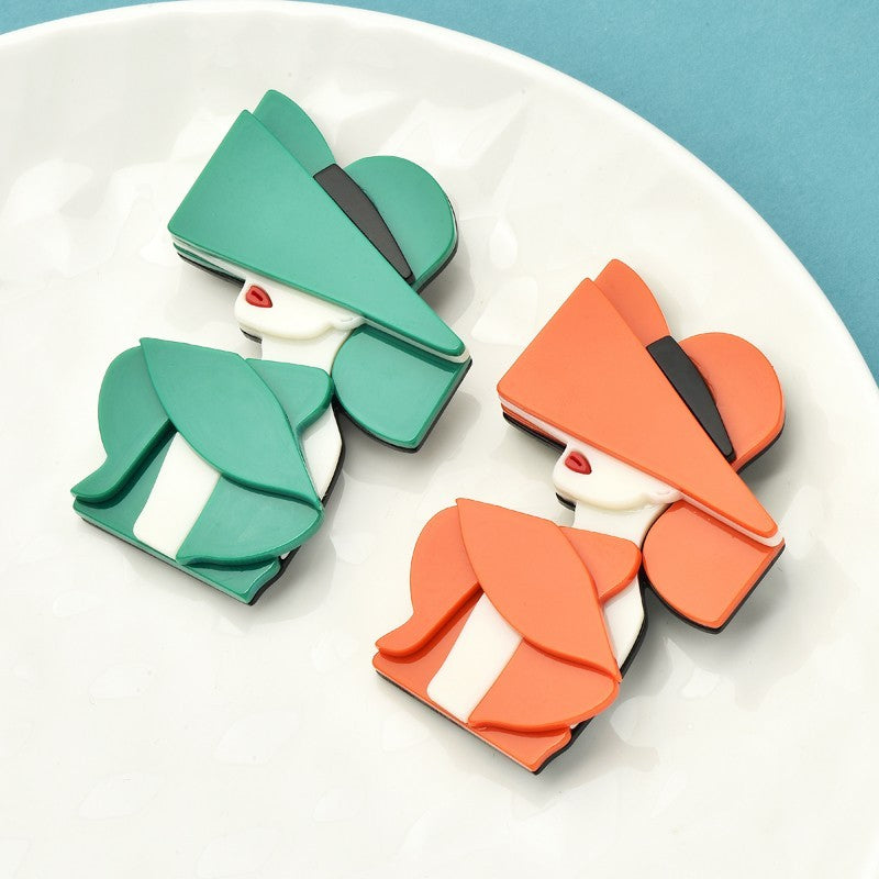 2pcs Orange Green Art Deco Acrylic Brooch Pin Elegant Lady Wide Brim Hat