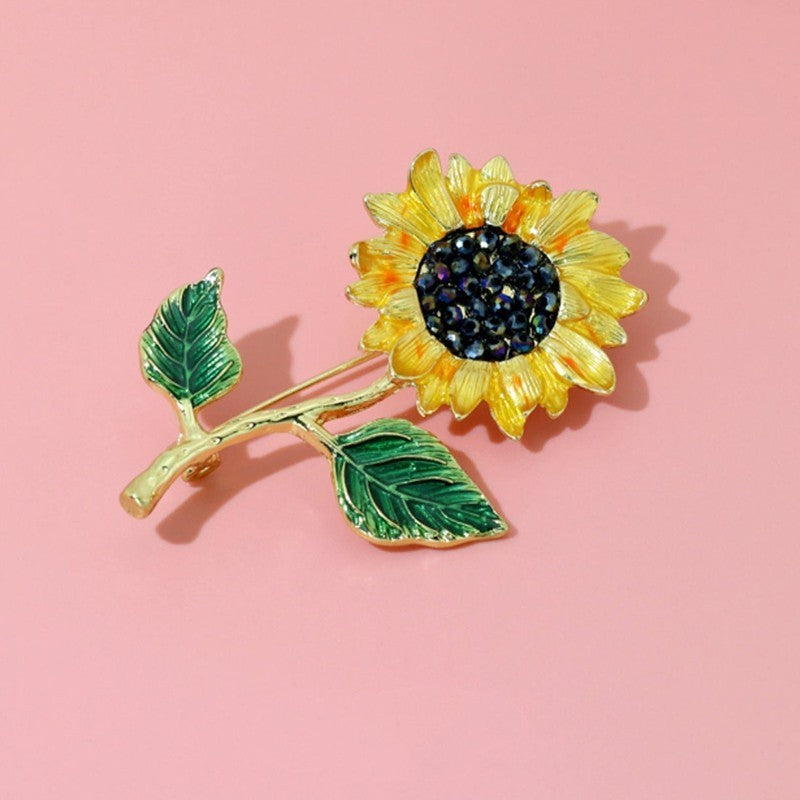 Enameled Sunflower Brooch Pin with Rhinestones for Women Gold-Tone Jewelry