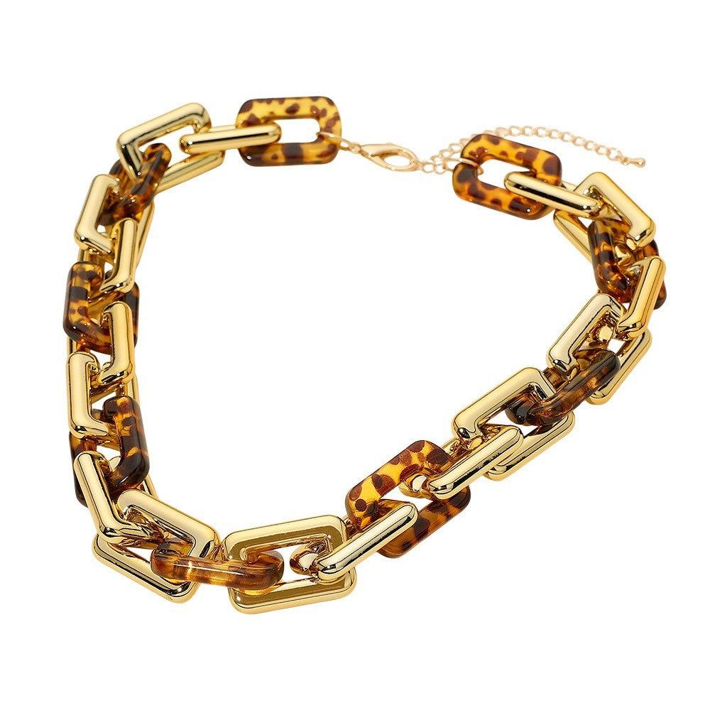 Chunky Geometric Resin Link Statement Tortoiseshell Necklace for Women Gold Tone