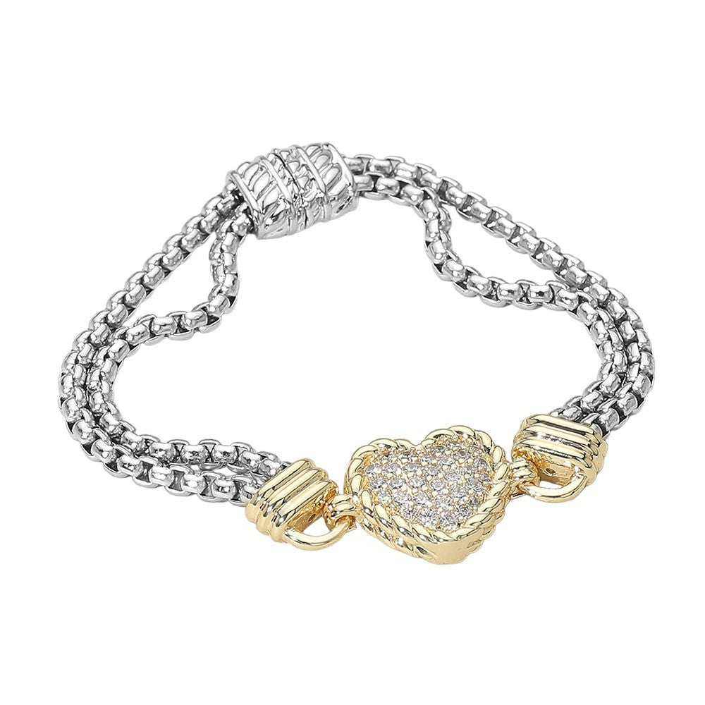 Two-Tone CZ Pave Heart Box Chain Bracelet Adjustable Magnetic Clasp Gift