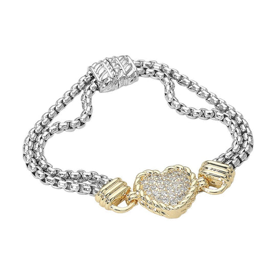 Two-Tone CZ Pave Heart Box Chain Bracelet Adjustable Magnetic Clasp Gift