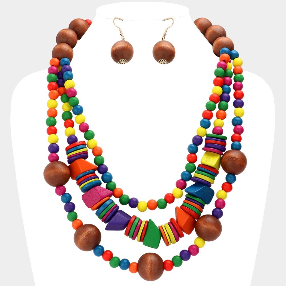 Wood Ball Beaded Triple Layered Statement Necklace for Women Fashion Jewelry