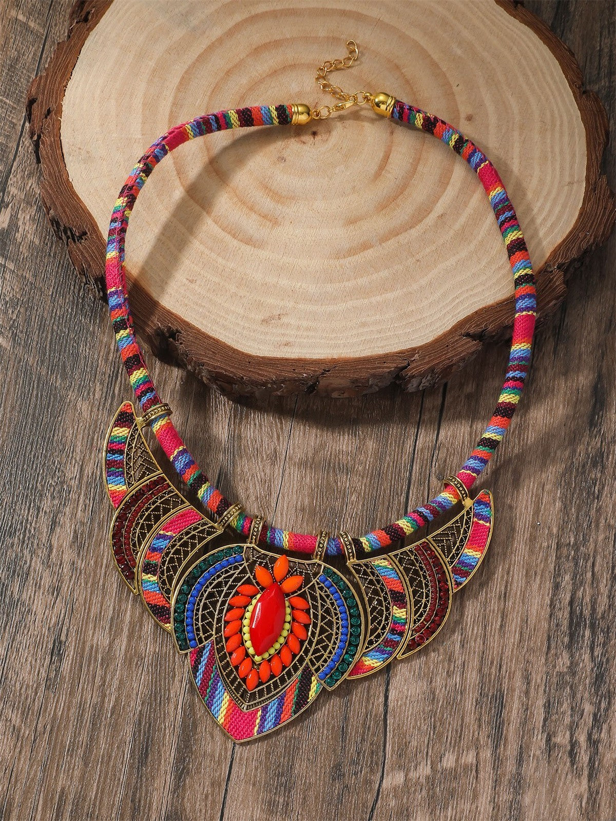 Chunky Bohemian Multi-Color Fabric Rope Bib Necklace Tribal Statement Jewelry