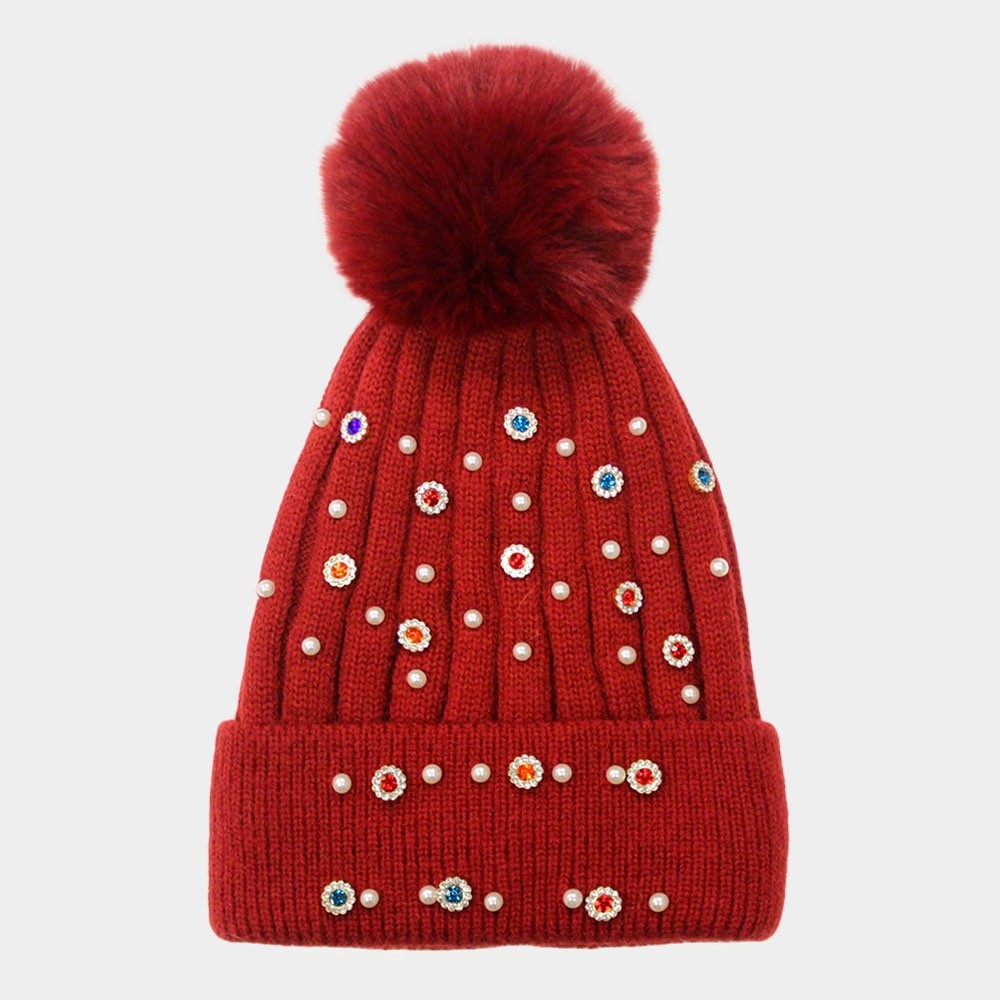 Red Jeweled Pearl Embellished Knit Pom Pom Beanie - Festive Winter Cuffed Hat