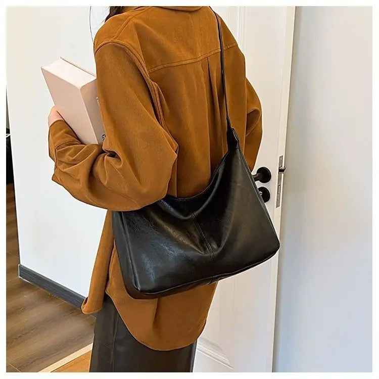 Black Faux Leather Hobo Shoulder Bag With Adjustable Strap
