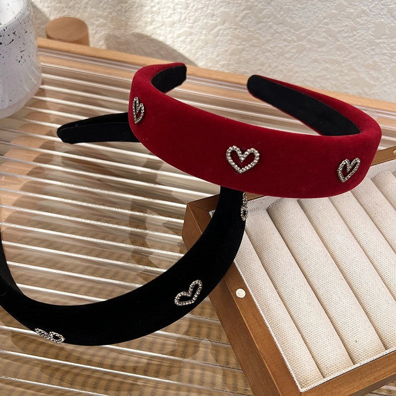 2pcs Red Black Heart Padded Headband Set Velvet Rhinestone Hair Accessory Women