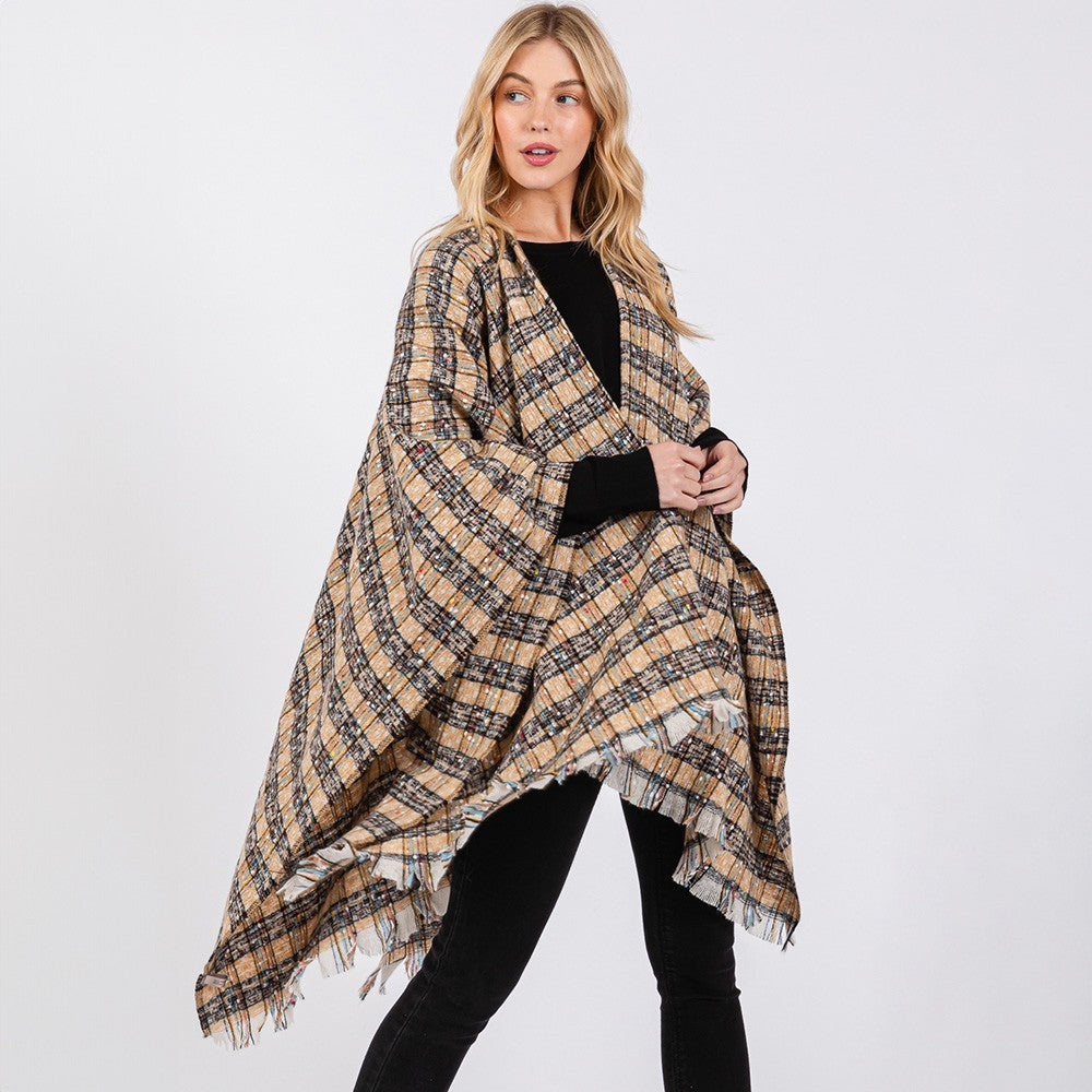 Multi Color Plaid Ruana Poncho Wrap Shawl Cape Open Front Women’s One Size