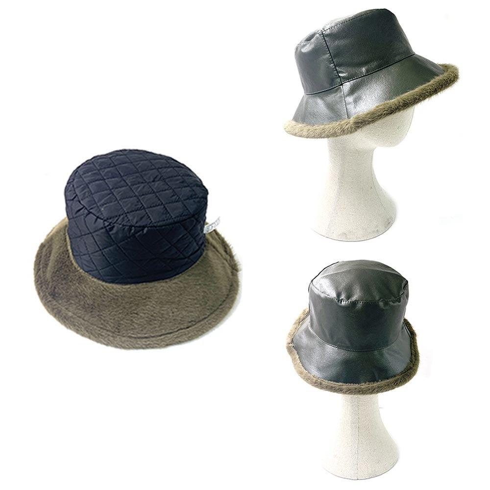 Faux Leather Bucket Hat Women Reversible Faux Fur Trim Quilted Winter Cap Green