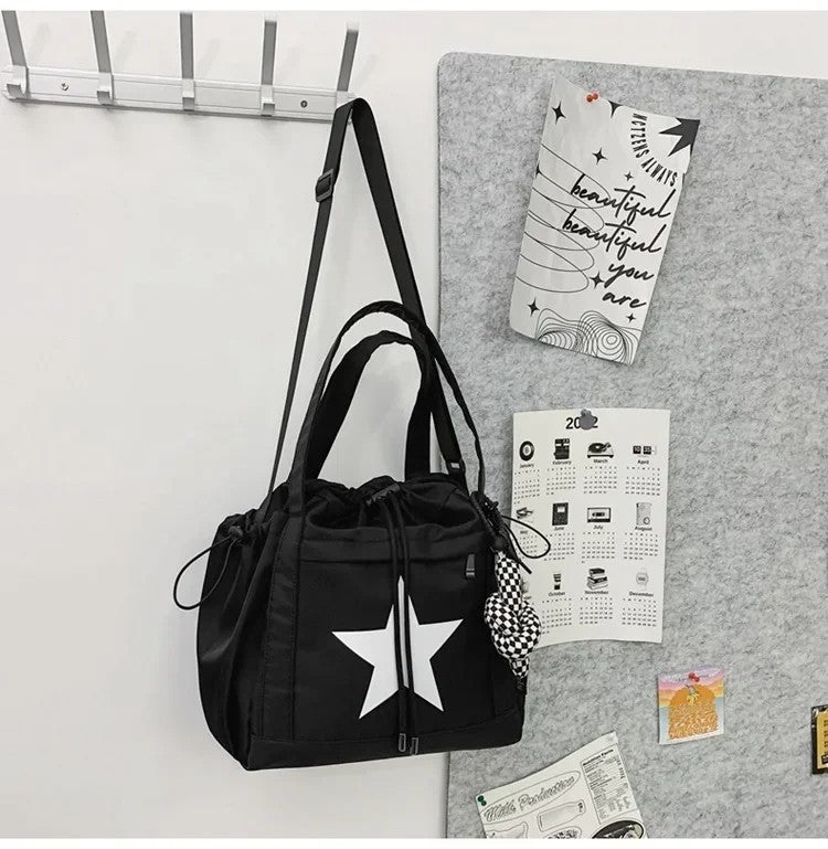 2-Pack Star Drawstring Tote Shoulder Bag Set Khaki Black White Crossbody Bags