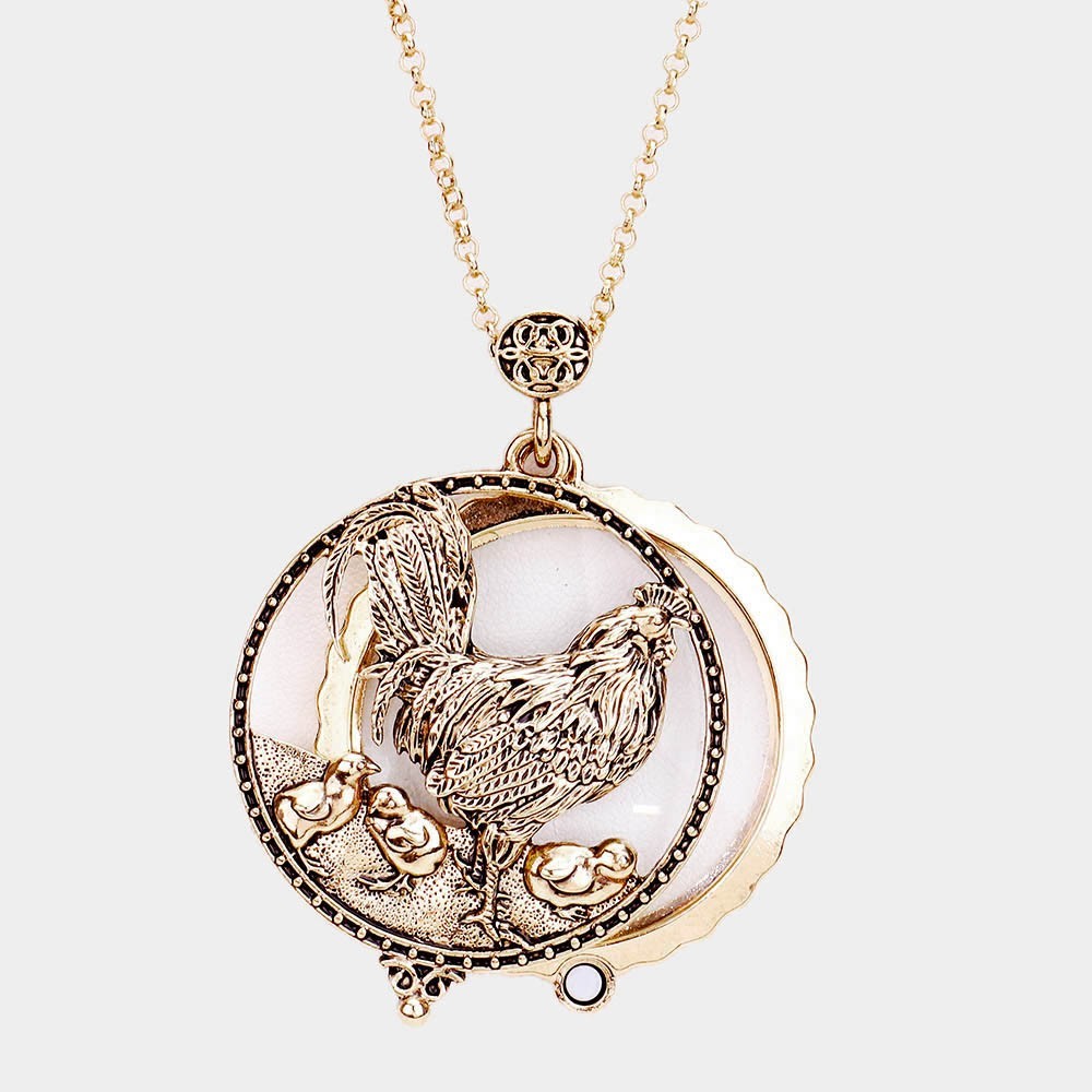 Antique Gold Rooster Magnifying Glass Pendant Necklace Long Vintage Style Chain