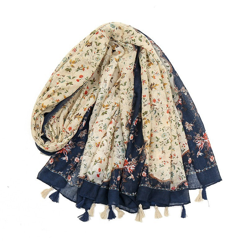 Boho Floral Print Tassel Shawl Scarf for Women Cotton Blend Wrap Navy Cream