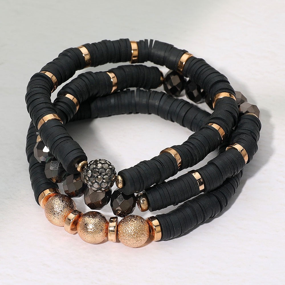 Chic 3 Piece Black Heishi Bead Stack with Gold Accents and Crystal Disco Ball