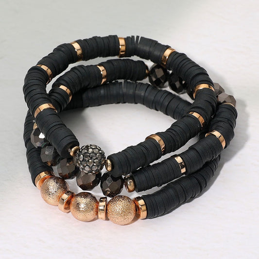 Chic 3 Piece Black Heishi Bead Stack with Gold Accents and Crystal Disco Ball
