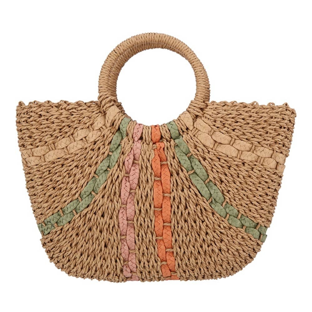 Natural Straw Woven Tote Bag Colorful Striped Accents Round Handle
