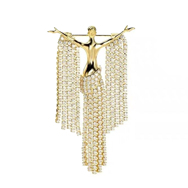 Gold Tone Rhinestone Tassel Dancer Brooch Pin Angel Figure Statement Jewelry