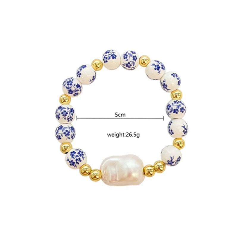 Imitation Baroque Pearl Elastic Bracelet Blue White Porcelain Beaded Jewelry