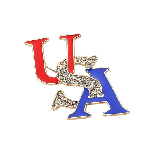 USA Patriotic Brooch Red White Blue Rhinestone Enamel Pin Gold-Tone 2" x 2"