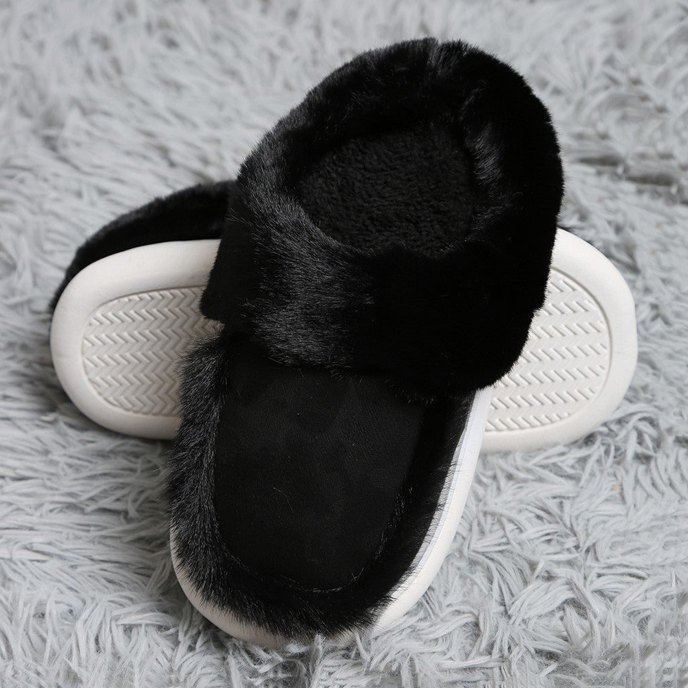 Fluffy Black Slippers Women's Faux Fur Cozy House Shoes Slip-On Indoor S/M