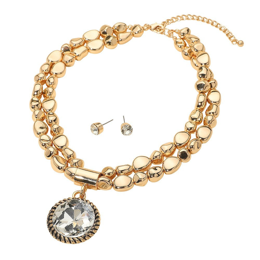 Gold Tone Chunky Chain Statement Necklace Crystal Pendant Stud Earrings Set