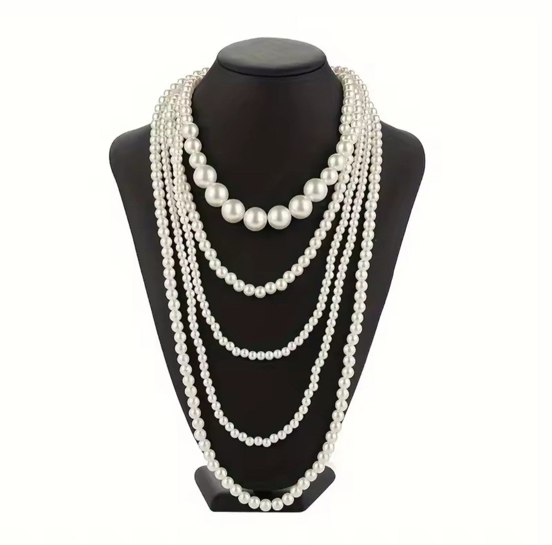 Multi Layer White Faux Pearl Statement Necklace Long Beaded Strand Wedding