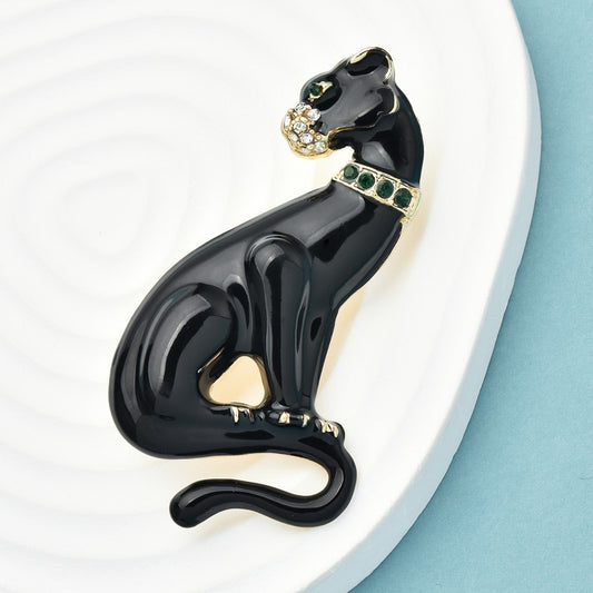 Panther Brooch Black Enamel Rhinestone Cat Pin Jewelry Gift