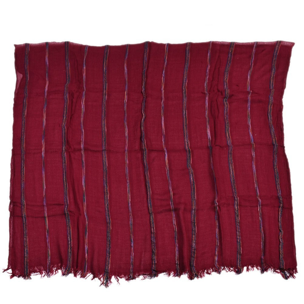 Burgundy Striped Scarf Cotton Linen Blend Large Shawl Wrap 75 x 37 Inches