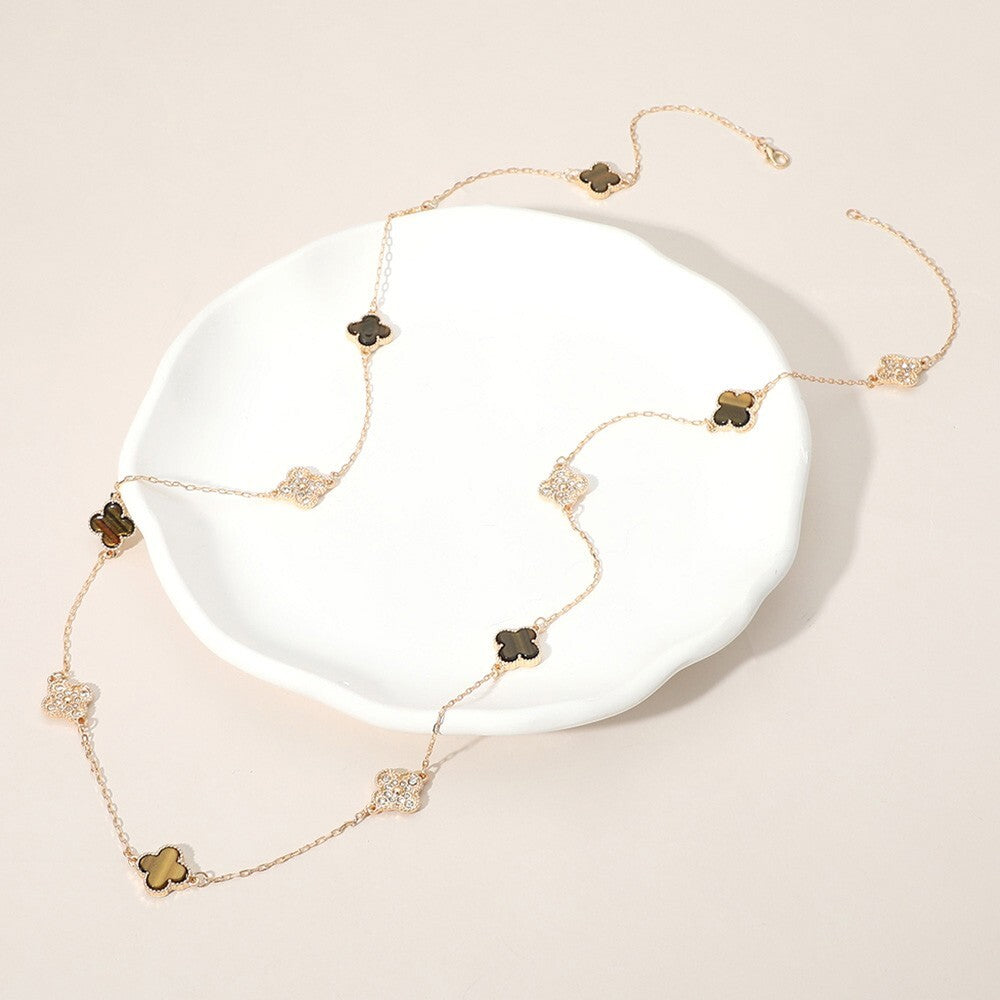 Quatrefoil Station Long Necklace Gold Plated Dainty Layering Jewelry for Women