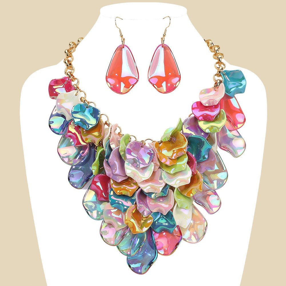 Iridescent Colorful Petal Statement Necklace Bold Bib Jewelry Piece