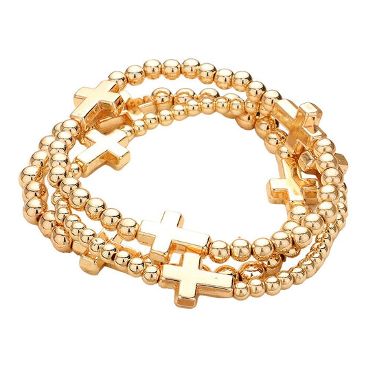 Metal Cross Pointed Ball Beaded Stretch Multi Layered Bracelets 3-Piece Set