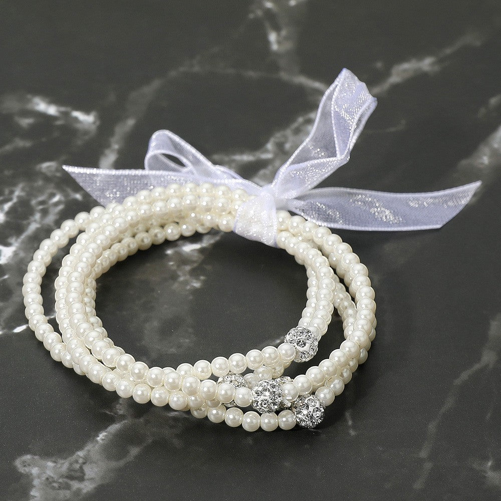 5PCS - Shamballa Ball Accent Pearl Beaded Multi-Layered Bracelets Stretchable