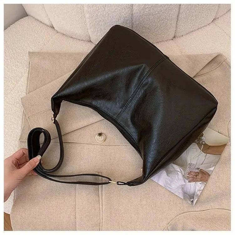 Black Faux Leather Hobo Shoulder Bag With Adjustable Strap