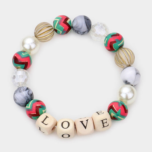 2 Pcs "LOVE" Message Accented Pearl Beaded Stretch Bracelet for Women Multi