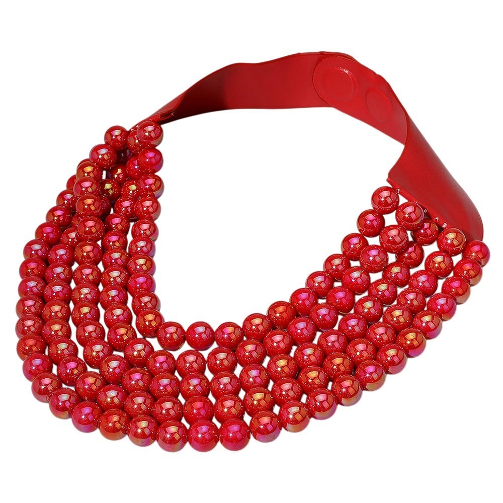 Multi-Strand Red Beaded Statement Necklace Magnetic Clasp 17.5" Layered Bold