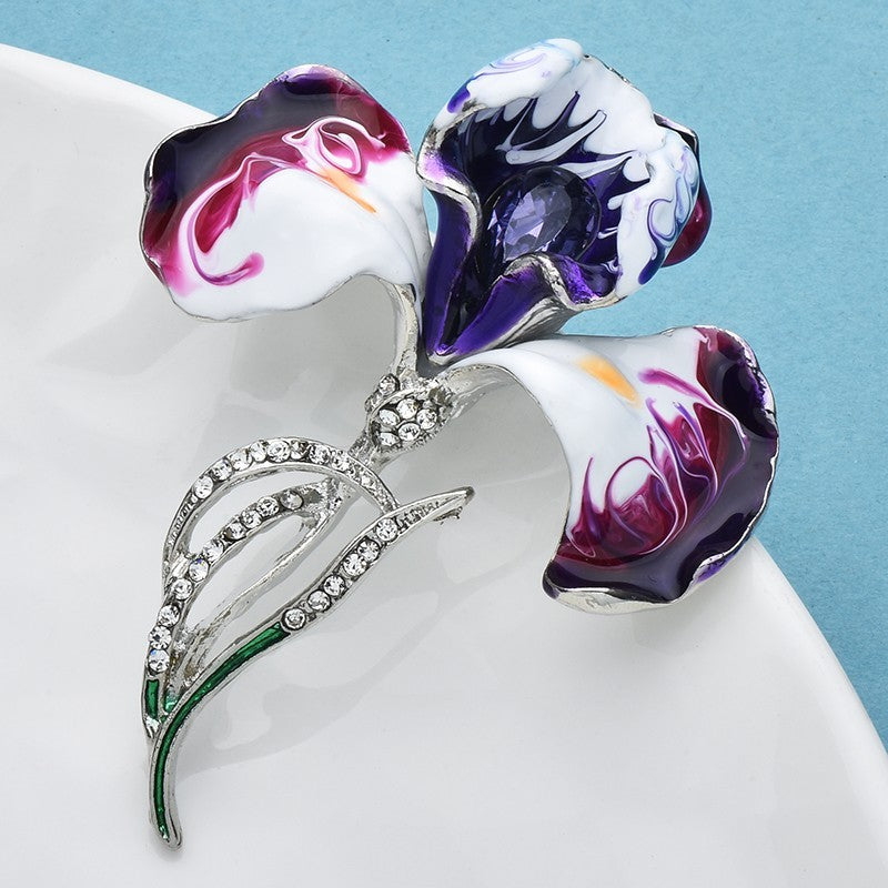 Purple Iris Flower Brooch Enamel Crystal Floral Pin Silver Tone Botanical Jewelr