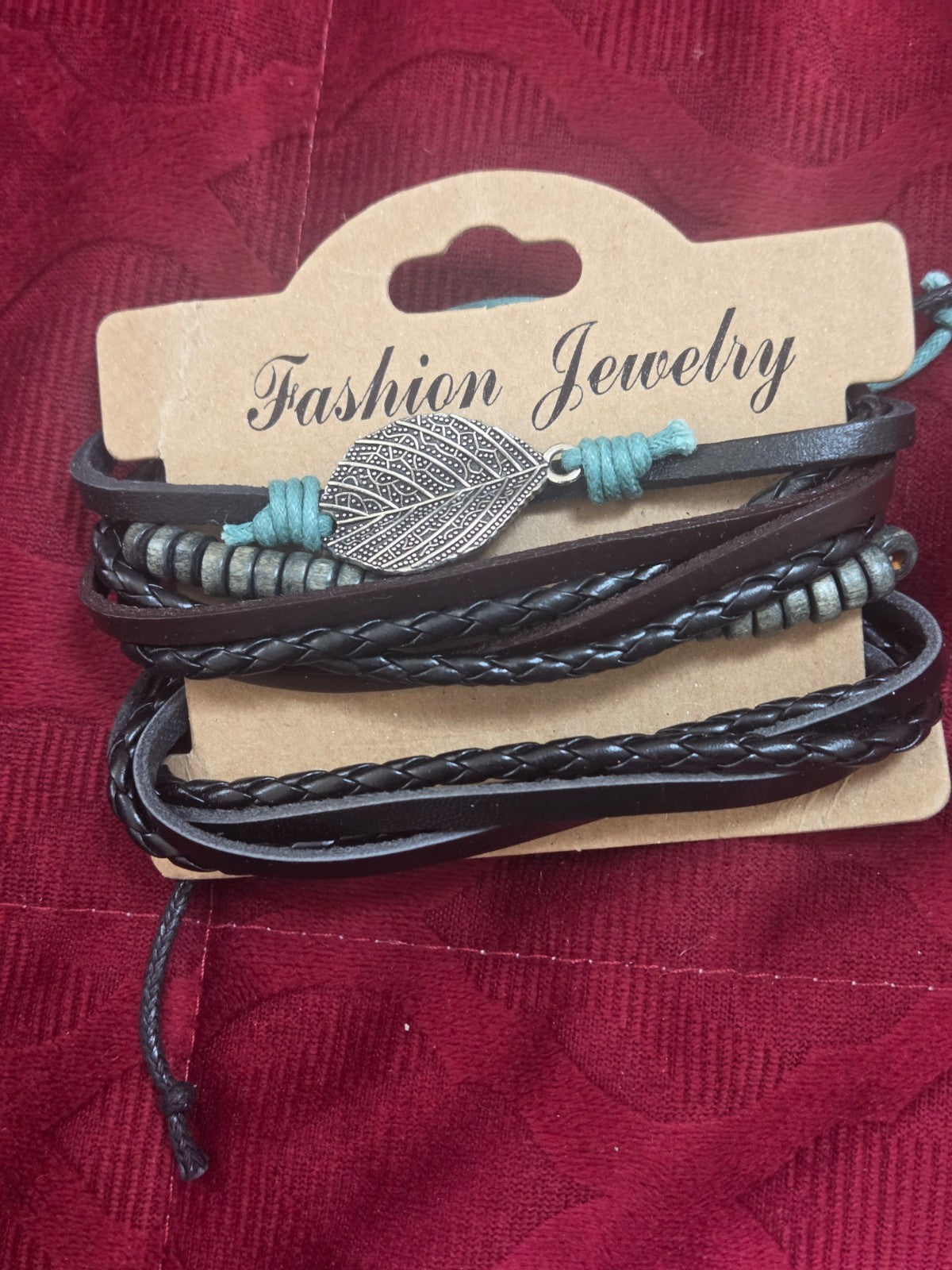 Men's Bohemian Multi-Layer Leather Wrap Bracelet Set Wood Beads Leaf Charm Adjus