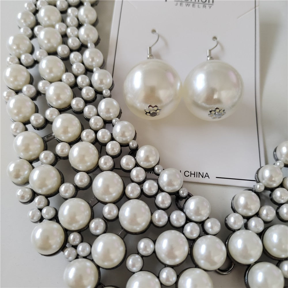 2pcs Statement Faux Pearl Bib Necklace and Oversized Pearl Drop Earring Set