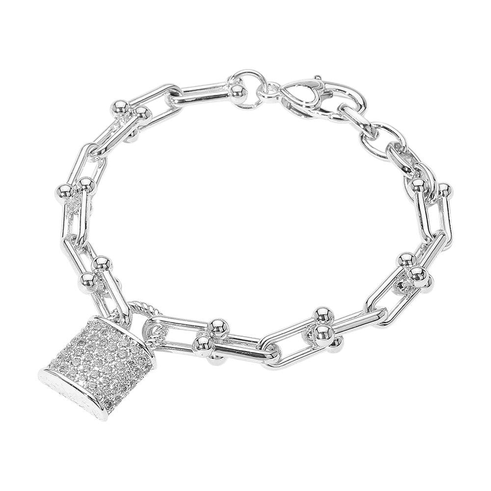 14K Gold Plated CZ Lock Charm Chain Link Bracelet Statement Industrial Style