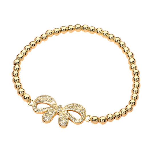 2-Piece Set  Gold & Silver Bow Beaded Stretch Bracelet Womens Stainless Steel