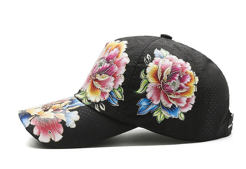 Vibrant Floral Peony Baseball Cap Black Perforated Mesh Breathable Adjustable
