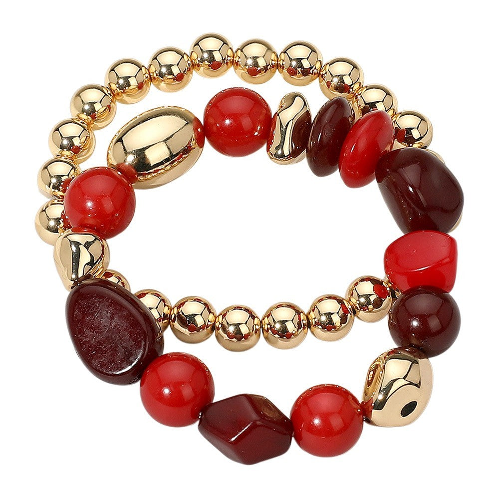 2PCS Red Gold Pebble Beaded Stretch Bracelet Set for Women Layered Jewelry Gift